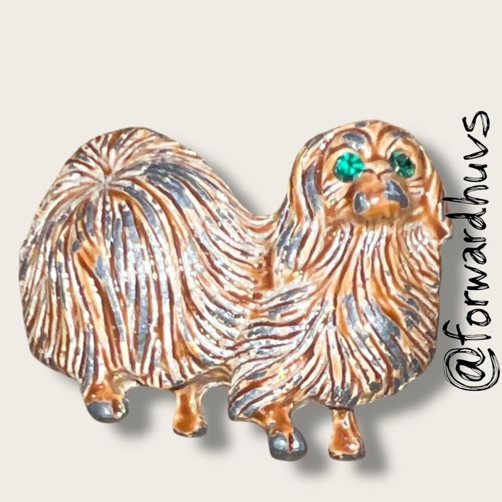 Vintage Gerry’s Pekingese Dog Brooch – Gold & Silver Tone - Green Rhinestone Eye